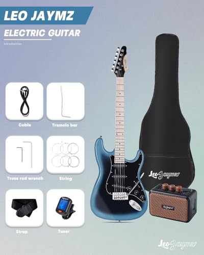 Leo Jaymz 39" Full Size ST Style Electric Guitar Starter Kit with SSH Pickup, 5W Portable Amp, Tuner, Gig Bag, Strap & Accessories (Violet Ocean)