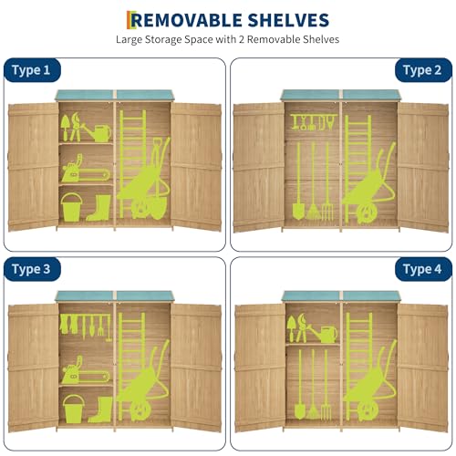 Outdoor Storage Shed with Waterproof Asphalt Roof 2 Removable Adjustable Shelfs and Double Lockable Doors Garden Tool Storage Cabinet with Side Shelf