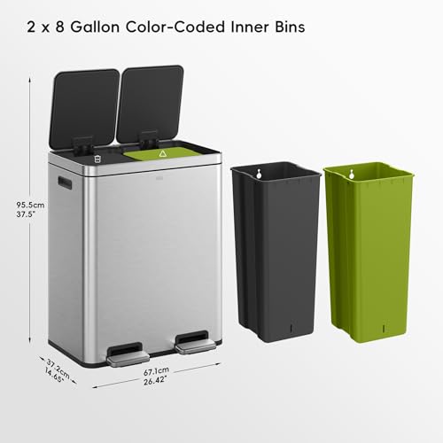 EKO EcoCasa II 36L+24L Dual Trash Can with Recycle Bin, Stainless Steel Garbage Can with Lid, Deodorizer Compartment