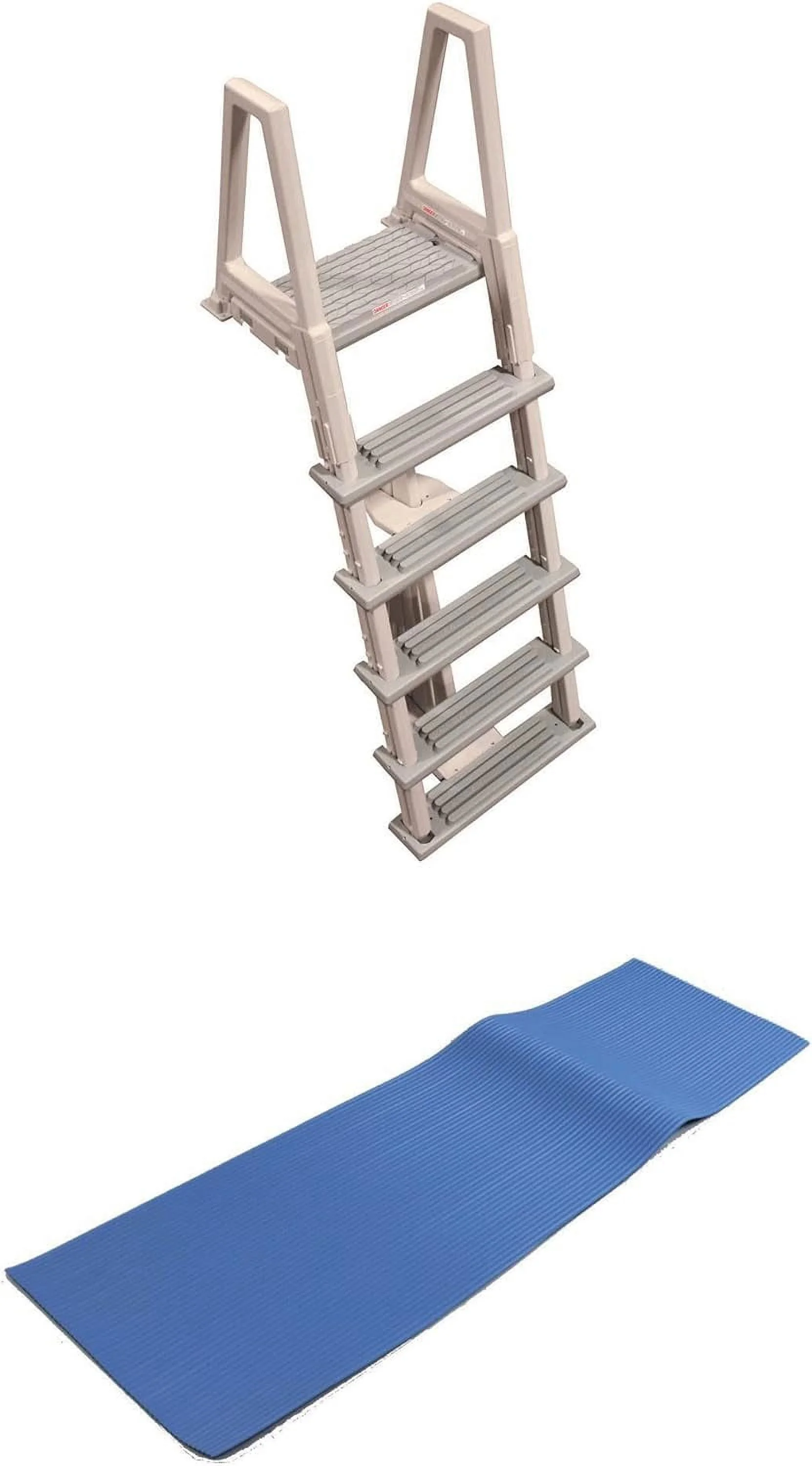 Heavy Duty Adjustable Above Ground In Pool Swimming Pool Ladder With Deck Platform, White Side Rails, And Grey Treads, Blue - Curated Treasures Market