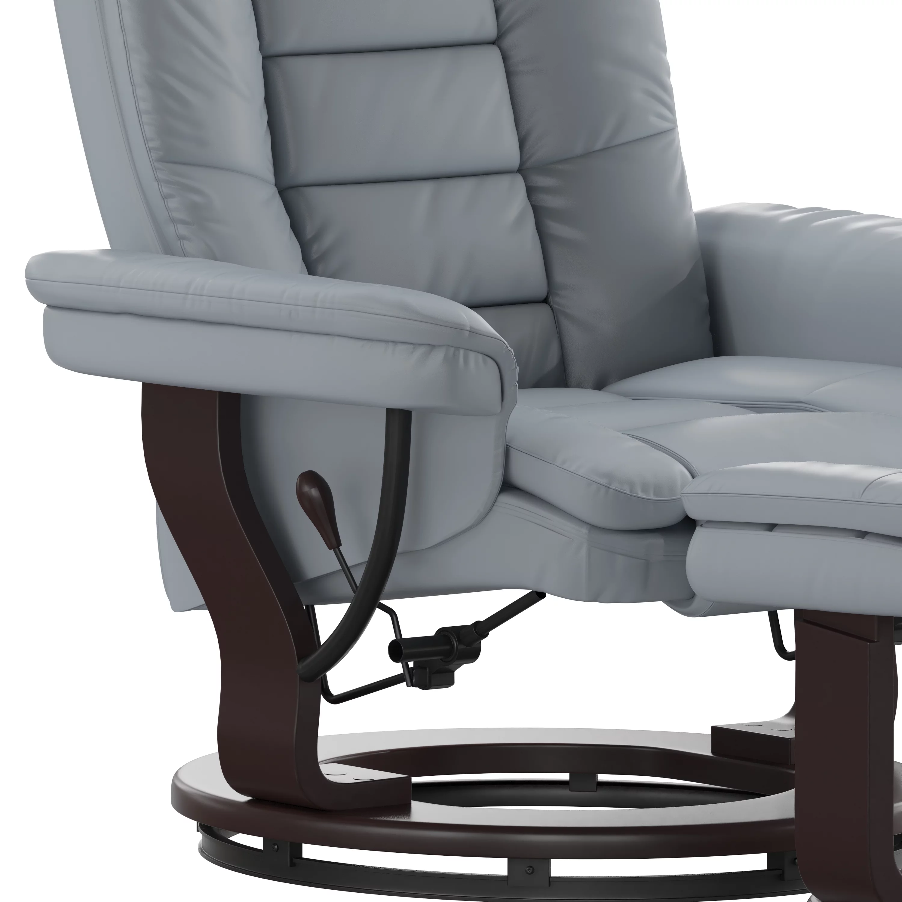 Emma + Oliver Contemporary Multi-Position Recliner with Horizontal Stitching and Ottoman with Swivel Mahogany Wood Base in Gray Faux Leather