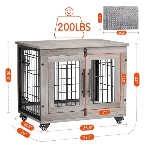 Lulive Dog Crate Furniture for Medium Dogs, 32'' Dog Kennel Indoor with Cushion & Wheels Wooden Dog Cage Double Doors Dog Crate End Table, Grey