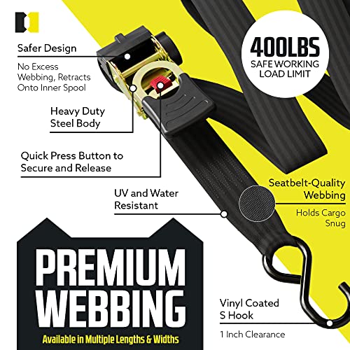 DC Cargo - Retractable Ratchet Straps, 2 Pack (1 inch x 10 feet) - Heavy Duty Tie Down Auto Retractable Ratchet Straps