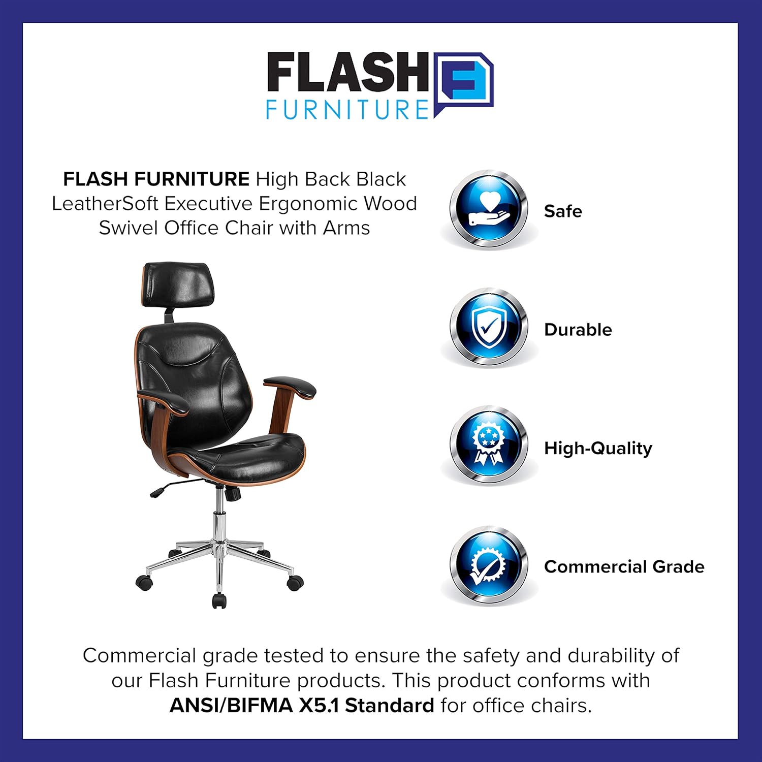 Flash Furniture High Back Black LeatherSoft Executive Ergonomic Wood Swivel Office Chair with Arms