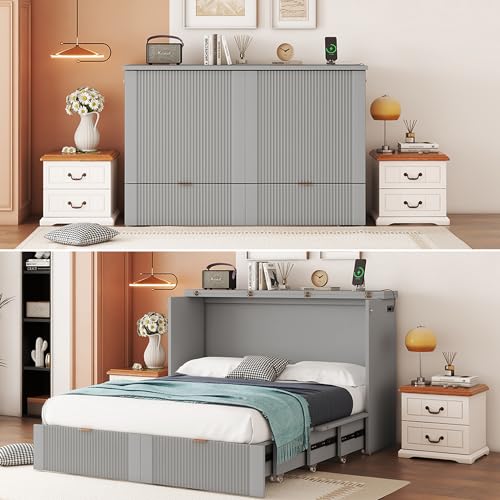 Harper & Bright Designs Queen Size Murphy Bed Cabinet Wall Bed Chest with USB, Charging Station and Large Storage Drawer for Home Office (White)