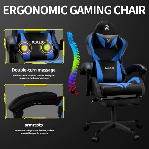Gaming Chairs for Adults Tall and Kids，Lumbar Support,LED Lights，High Back Reclining Computer Chair with Headrest (Black+Blue)