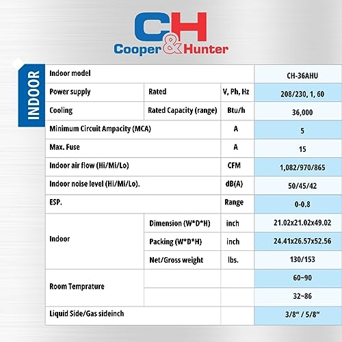 Cooper&Hunter Central Mini Split Air Conditioner and Heater System with Multi Position Air Handler Unit Including Installation Kit