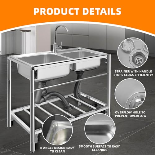 Outdoor Utility Sink Stainless Steel Double Bowl Free Standing Commercial Restaurant Kitchen Sink with Hot and Cold Faucet for Laundry,Garage