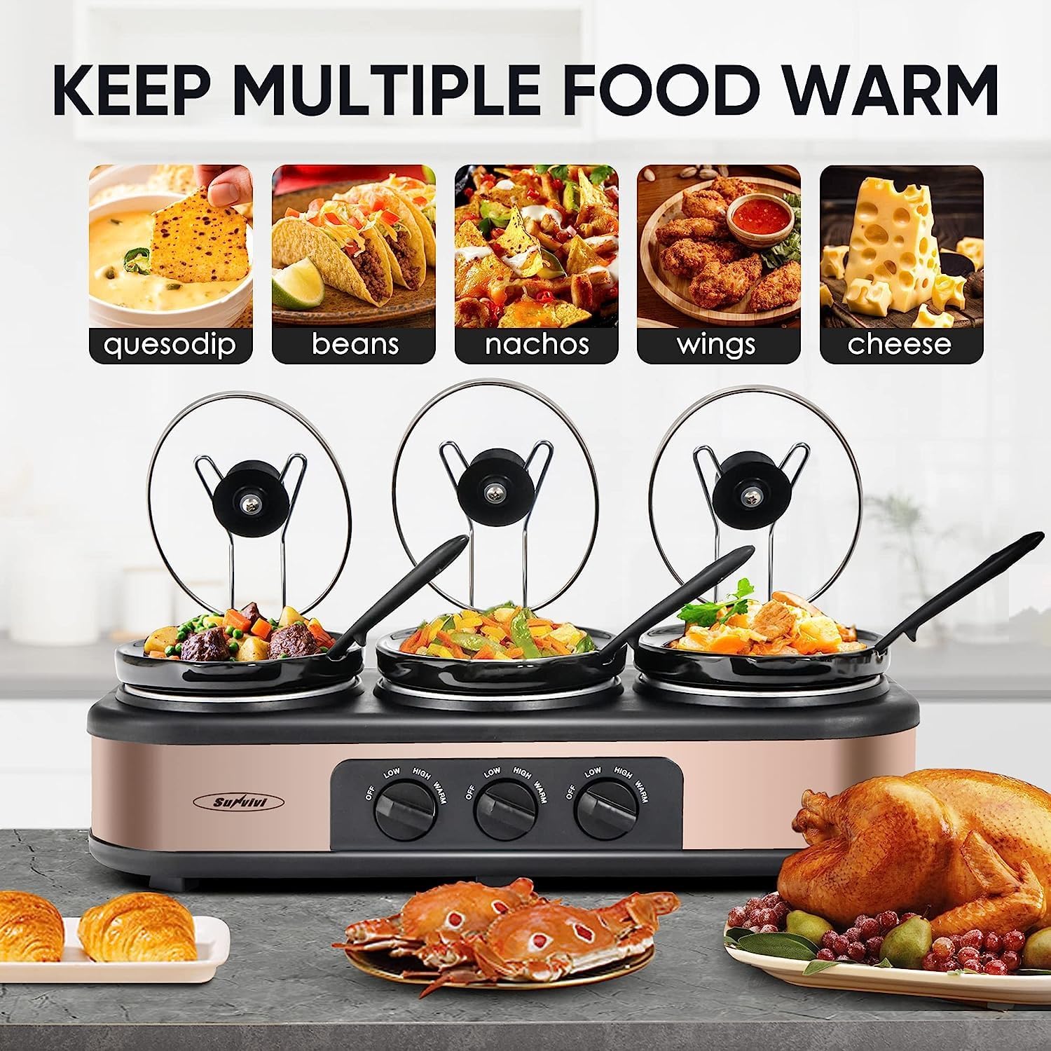 Slow Cooker, Dual Slow Cooker Black and Copper Triple Slow Cooker Buffet Server Multiple Pot Food Warmer