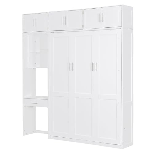 P PURLOVE Wood Twin Murphy Bed with Light and USB, Modern Wall Bed with Top Cabinet and Storage Shelves, Space Saving, No Box Spring Needed (Gray)