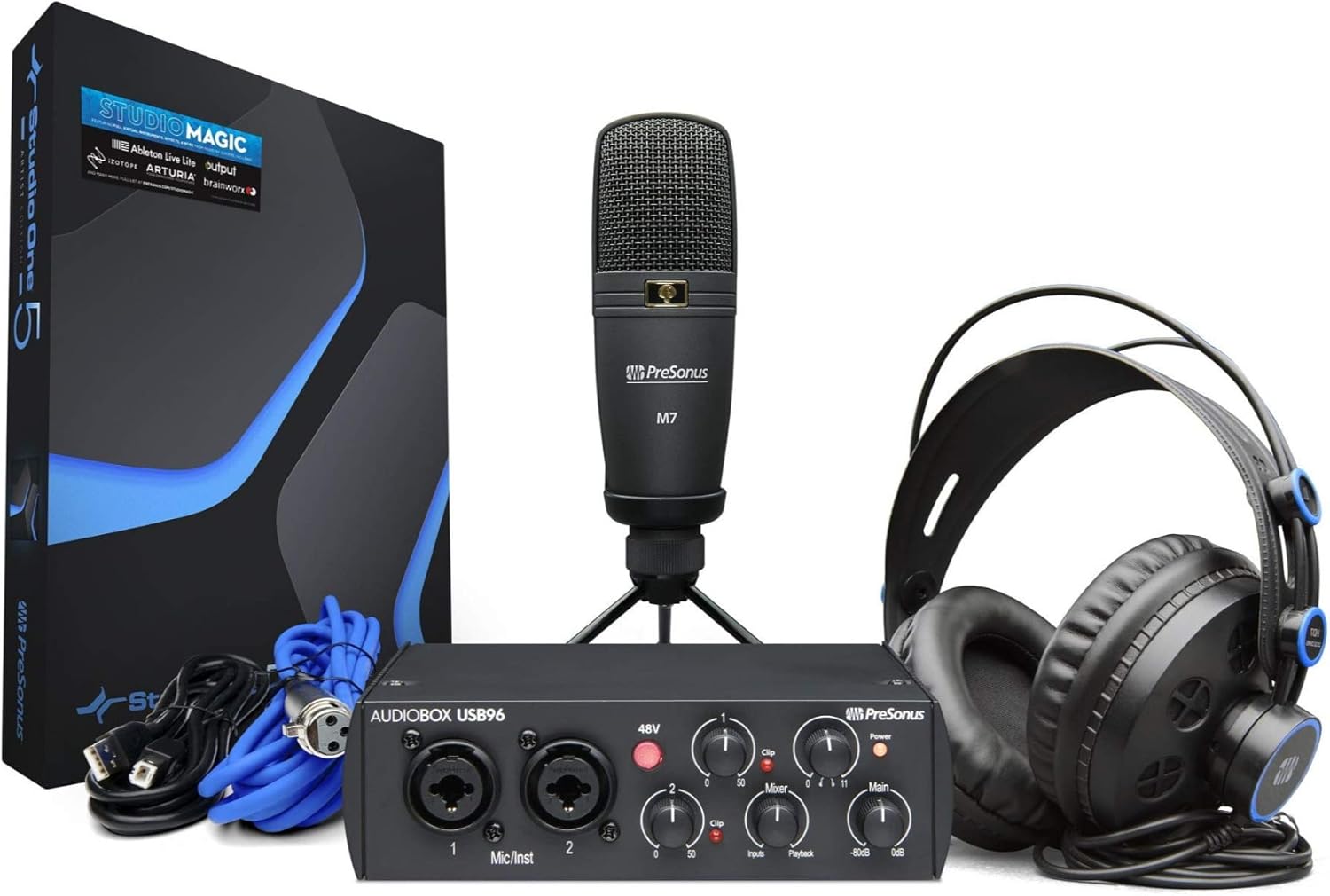 PreSonus AudioBox 96 Interface with Presonus Microphone, Headphones, XLR Cable Bundle with Knox Gear Studio Stand