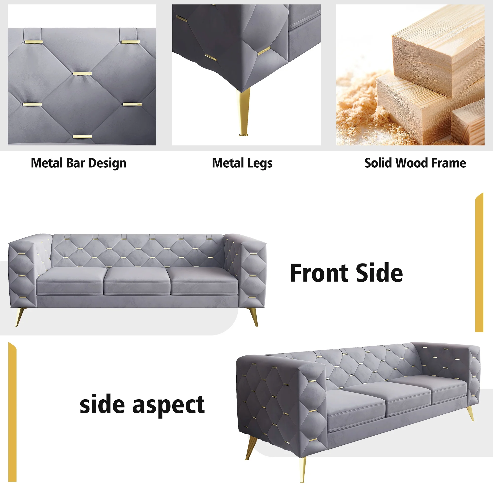 Giratree Living Room Furniture Sets, 3 Piece Mid Century Modern Velvet Upholstered Living Room Sofa, Gray