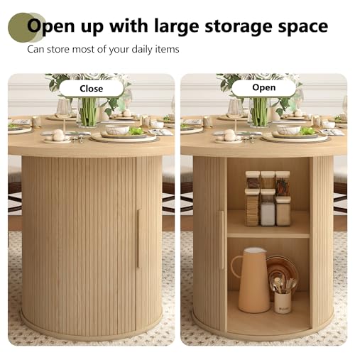 47 inch Round Dining Table for 4, Kitchen Table Dinner Table with 2-Layer Storage Shelf and Wood Slide Door for Home Dining Room Living Room (Walnut)