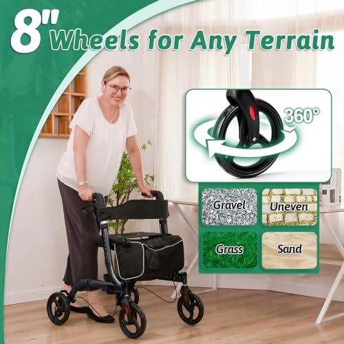 HSA/FSA Eligible Rollator Walker with Seat, Rolling Walkers for Seniors with Cup Holder, Foldable Lightweight Rolling Walker with Seat & Brakes