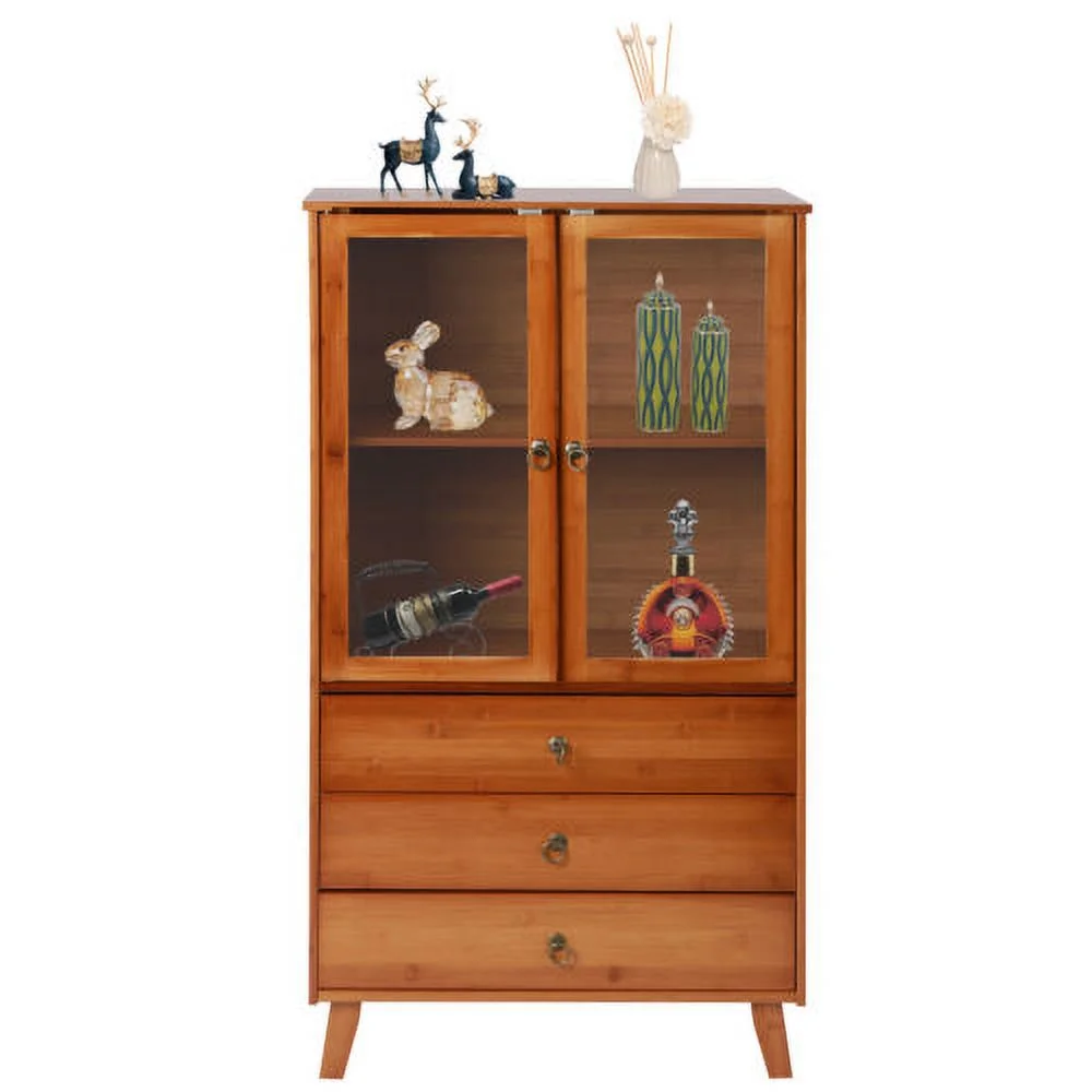 Wooden Storage Pantry Cupboard with 3 Drawers, Cabinets & 2 Acrylic Doors Brown