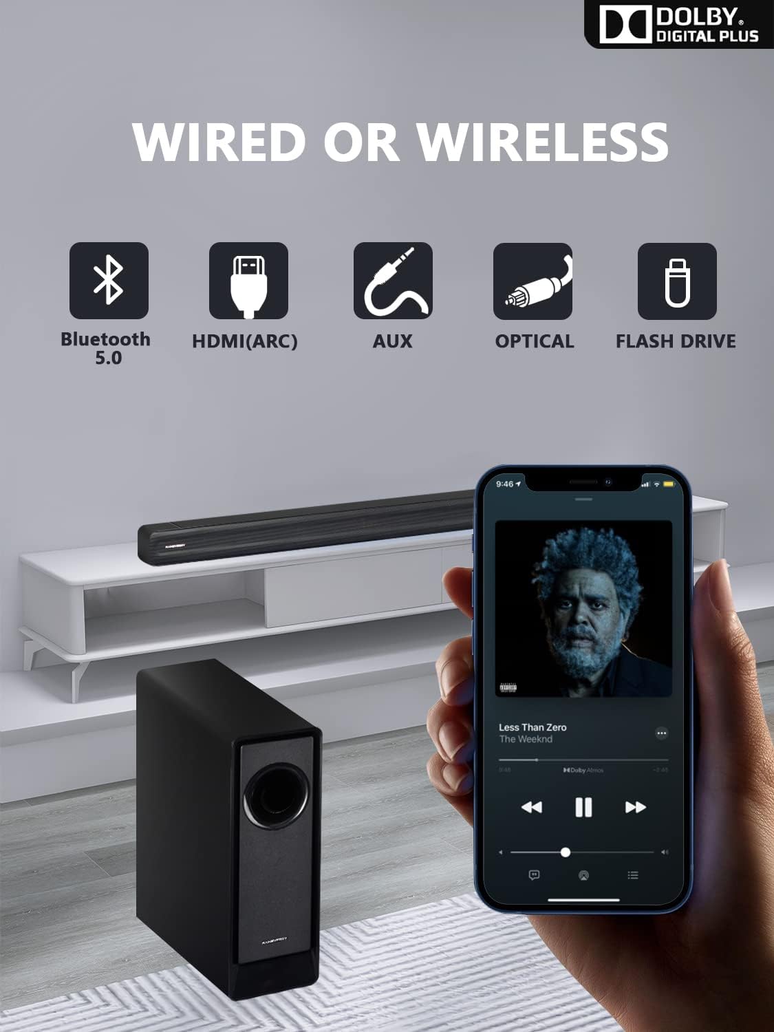 5.1 CH Surround Sound Bar with Dolby Audio, Sound Bars for TV, Wireless Subwoofer & Rear Speaker, Dolby Digital Plus, Bluetooth 5.3