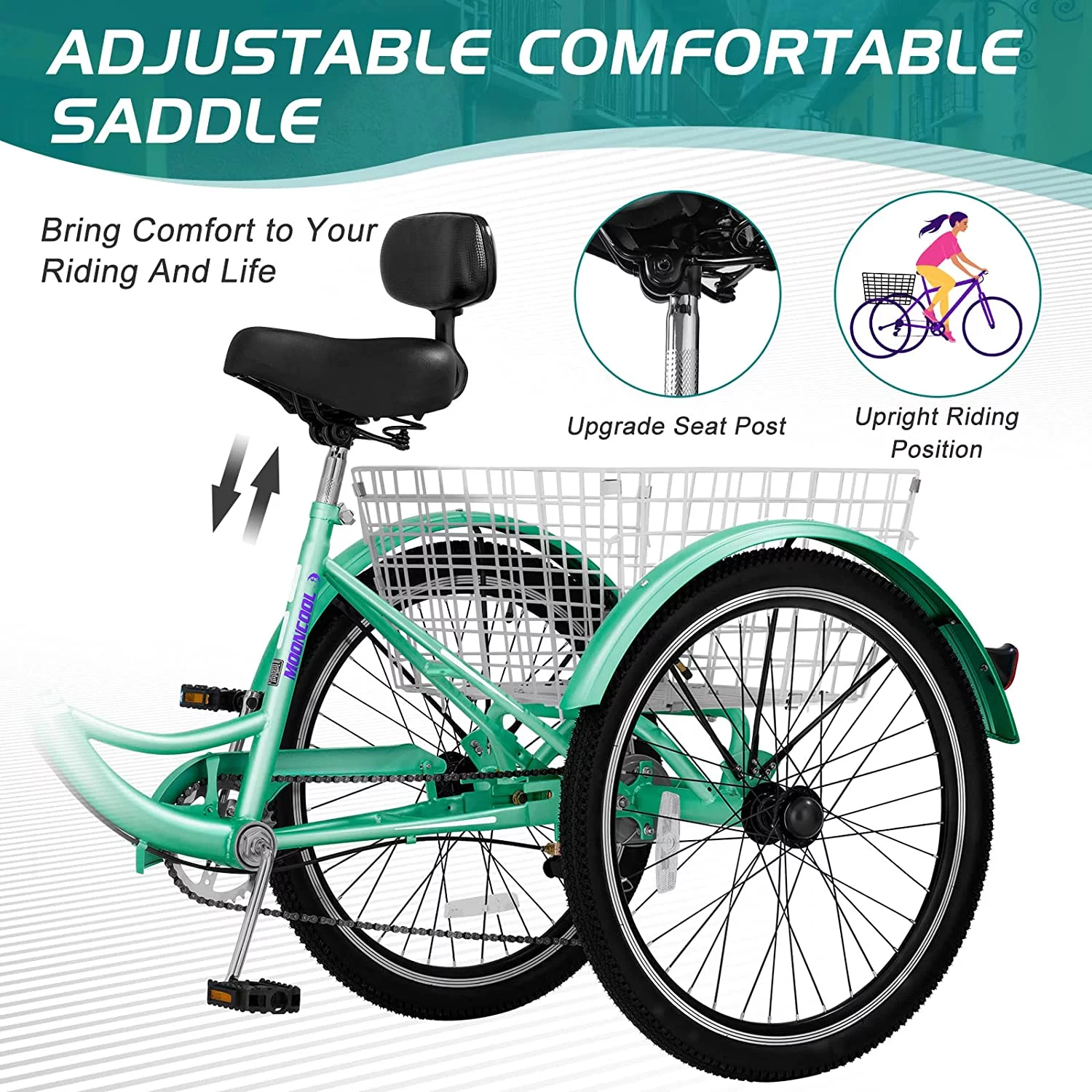 Docred Adult Tricycle 7 Speed 24 Inch Three Wheel Bike Cruiser Trike for Men/Women/Seniors