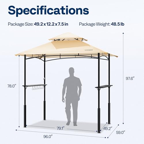 VIVOHOME 8&times;5 ft Grill Gazebo Outdoor BBQ Patio Canopy Tent with Double Tiered Vented Top & 2 Side Shelves, Beige