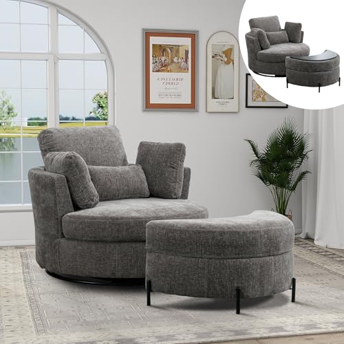 Chifee & Vingol 42.2" Oversized Swivel Accent Chair Round Barrel Chair,Chenille,Beige