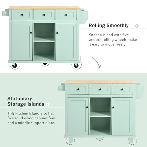 55.7'' Large Kitchen Island with 2 Drop Leaf, Rolling Kitchen Cart on 5 Wheels with Power Outlet