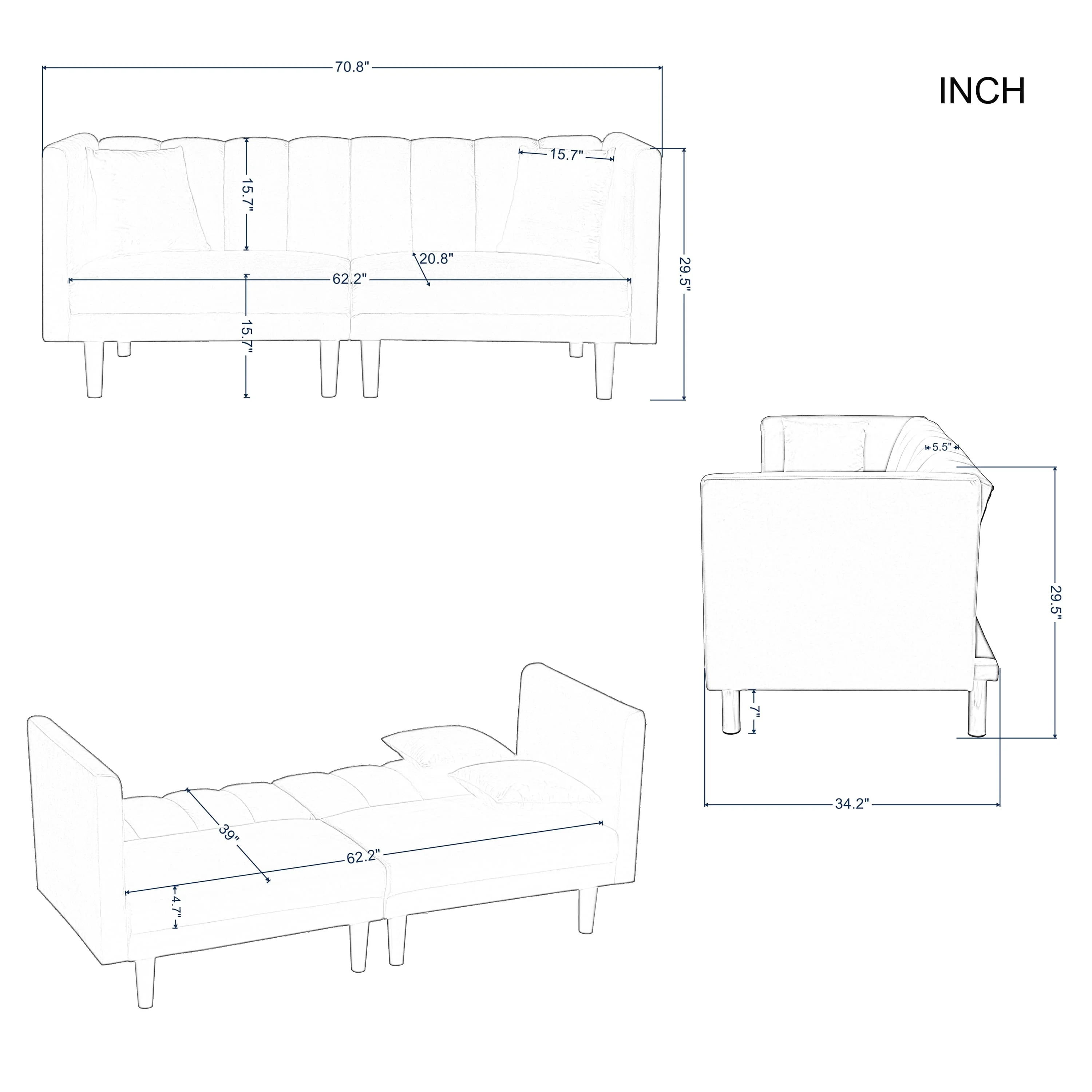 BSHTI Futon Sofa bed, Upholstered with velvet fabric, which is soft and comfortable converted into a sleeping bed