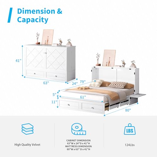 Mjkone Queen Murphy Bed Cabinet with Tri-Folding Mattress