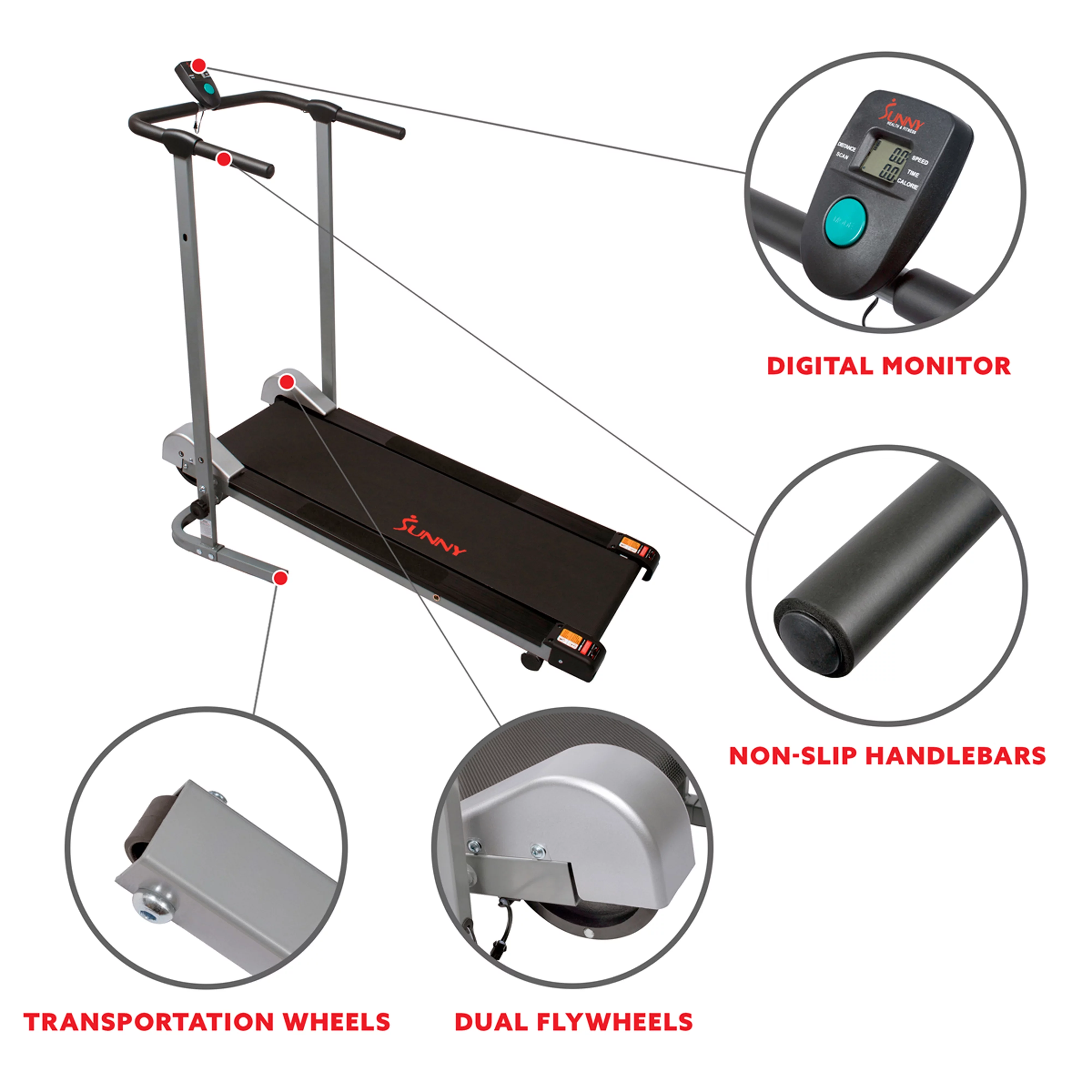 Sunny Health & Fitness Manual Treadmill - Compact Foldable Exercise Machine for Running and Cardio Training, SF-T1407M
