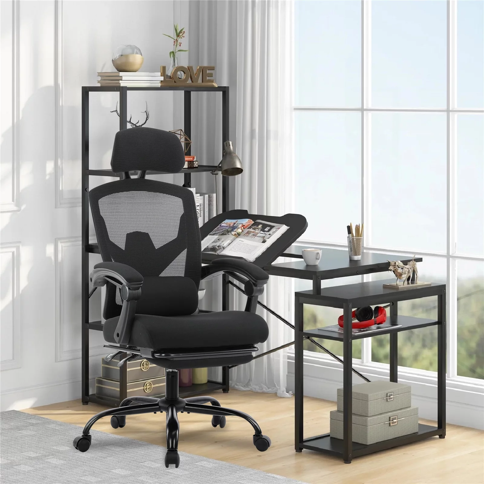 Colamy Office Ergonomic Mesh Black Computer Chair with Retractable Footrest and Head Support For Adult