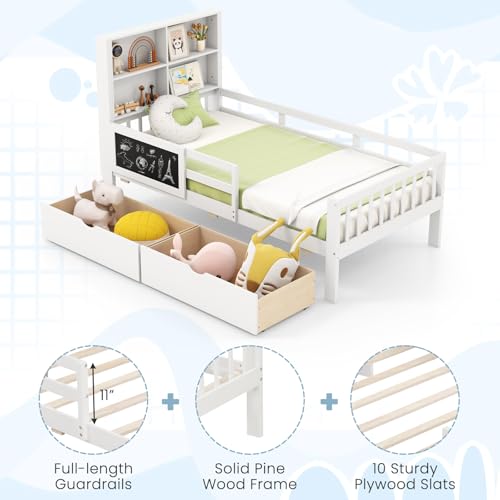 Giantex Full Bed with 2 Storage Drawers, Solid Wood Kids Bed Frame w/Bookcase Headboard & Blackboard, Full-Length Guardrails & Wooden Slats Support