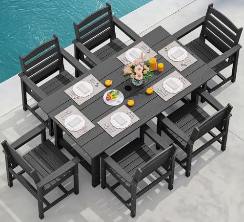 SERWALL Outdoor HDPE Dining Table Set, 7-Piece Outdoor Dining Table Sets with Umbrella Hole Cut-Out Table and 6 Chairs, Gray