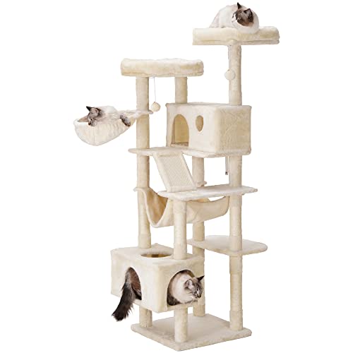 Hey-brother Cat Tree, XL Cozy Cat Tower, 69 Inch Tall Cat Condo with Hammock, Basket, Scratching Posts, 2 Large Cat Caves, 2 Plush Perches