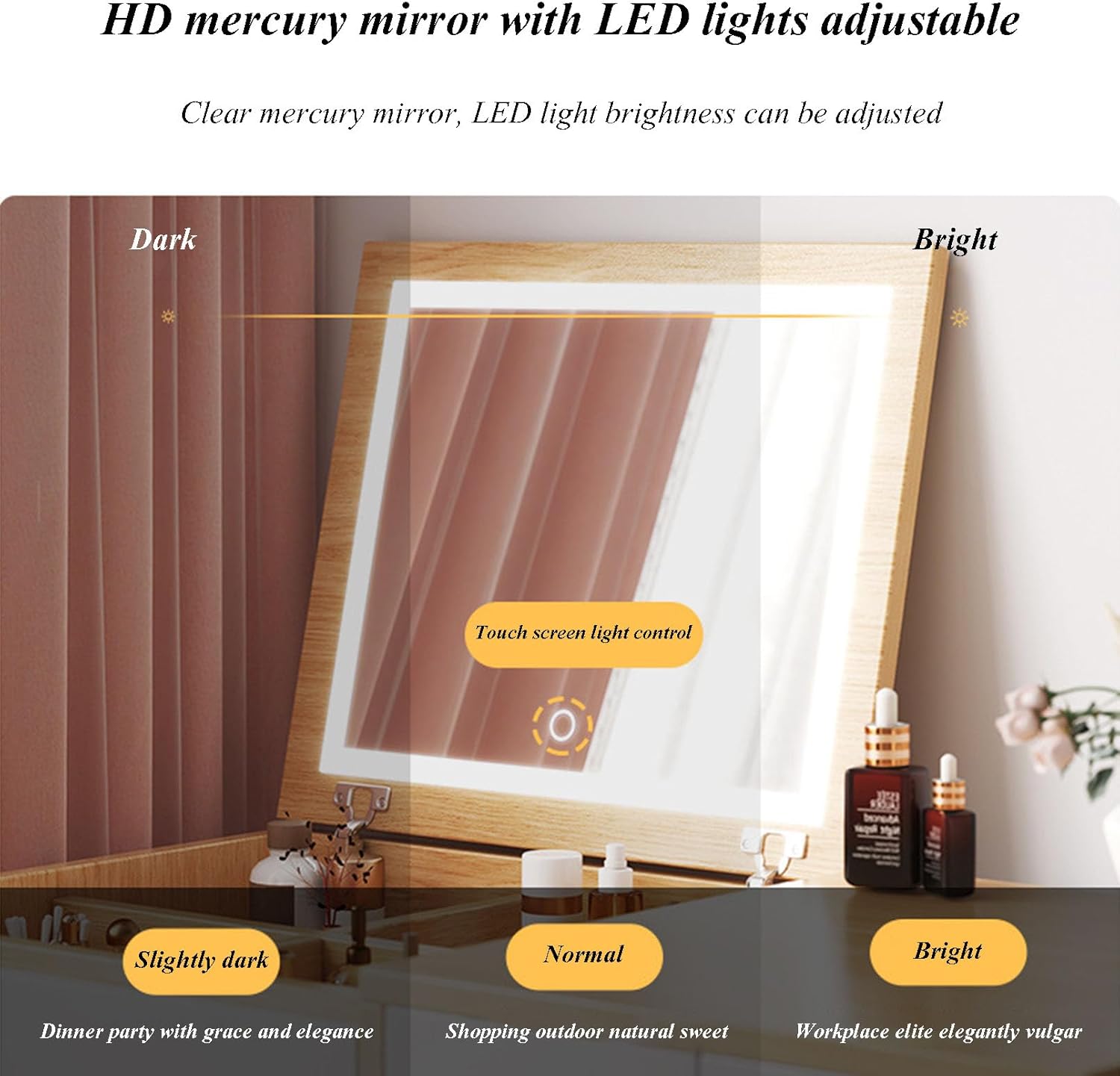 Dressing Table with Flip Top Mirror and Drawer, 3 Colors Touch Screen Adjustable Brightness