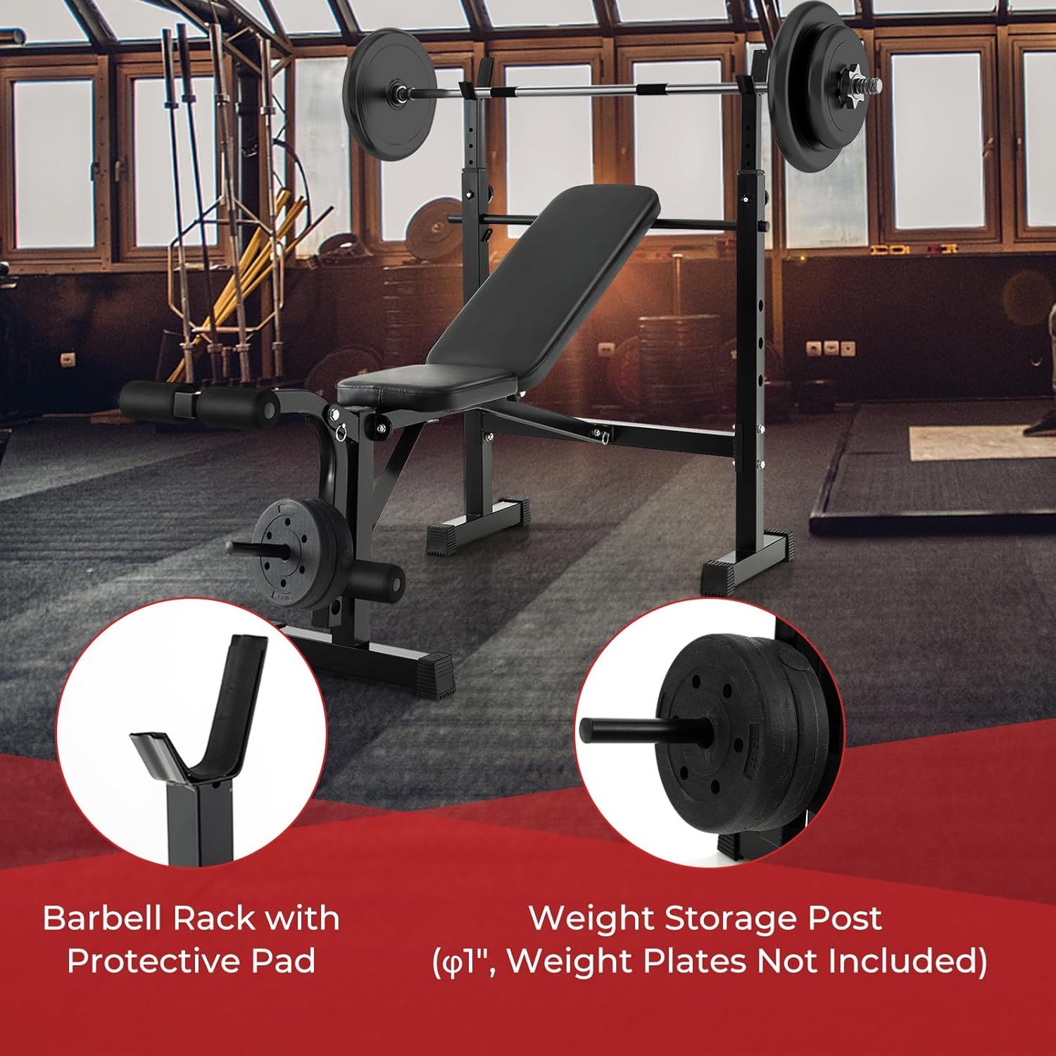 GYMAX Adjustable Weight Bench, Foldable Weight Bench with Squat Racks, Leg Extension & Leg Curl, Strength Training Workout Bench Press