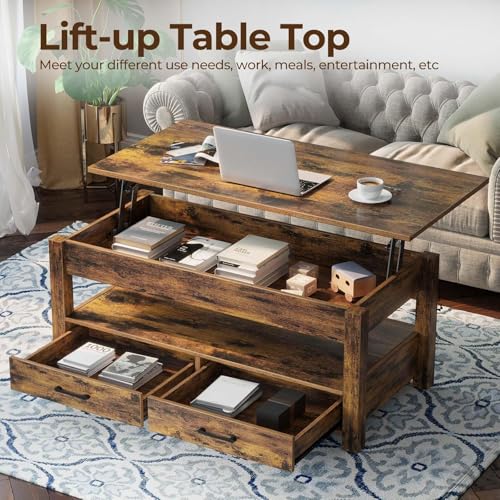 Rolanstar Coffee Table, Lift Top Coffee Table with Drawers and Hidden Compartment, Retro Central Table with Wooden Lift Tabletop, for Living Room