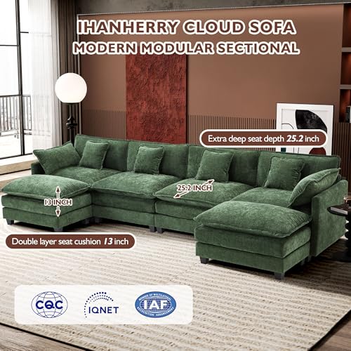 Ihanherry 111.4" U Shaped Modern Cloud Sofa Modular Sectional Couch with 2 Ottoman, 5-Seat Chenille Deep Seat Sofa with Pillow for Living Room