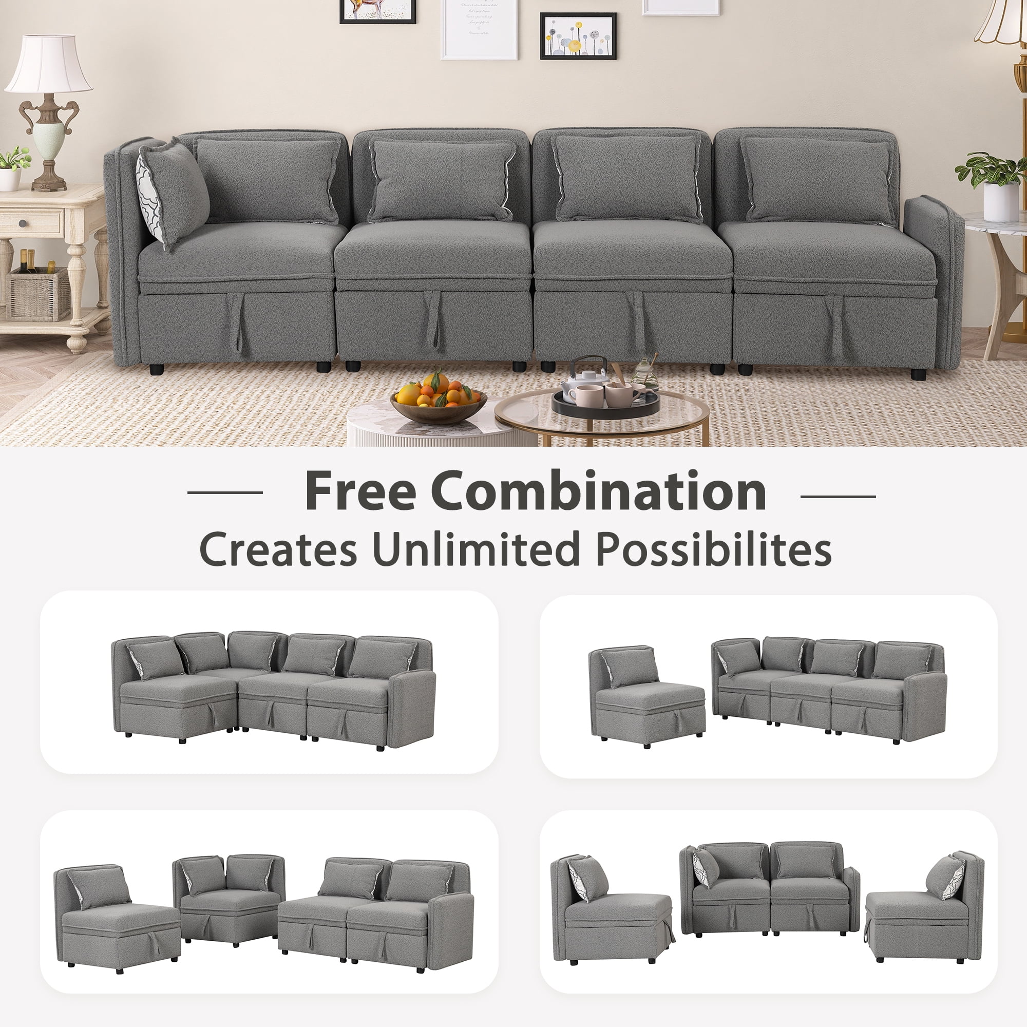 122.8" Convertible Modular Minimalist Sofa Free Combination 4 Seater Sofa Chenille Fabric Sectional sofa with 5 Pillows for Living Room, Office