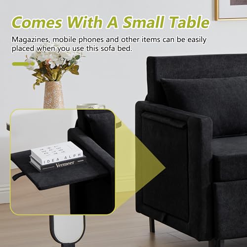 3-in-1 Sleeper Sofa Bed, 51'' Convertible Folding Couch with Pullout Bed, Chenille Futon Sleeper Sofa with Side Table and 2 Pillows