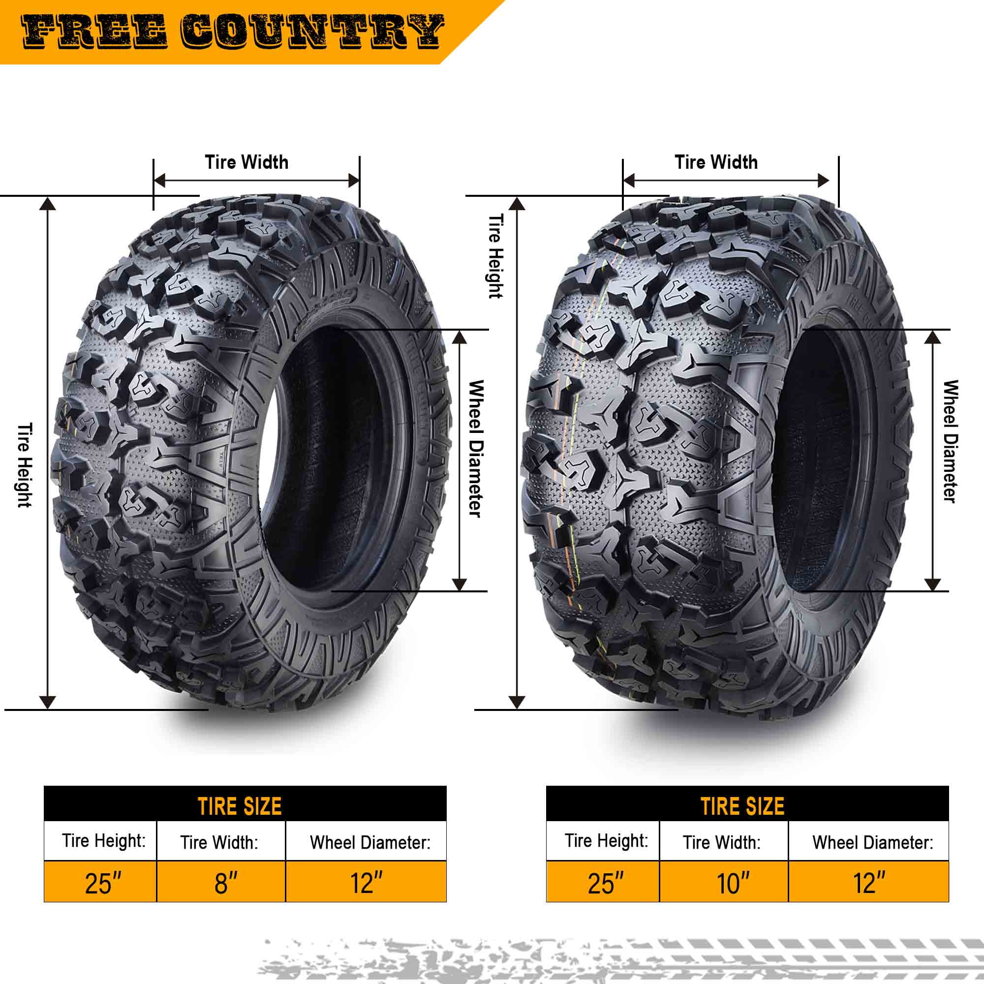 FREE COUNTRY 8PR Premium ATV Tires 25x8x12 & 25x10x12 fit 04-20 Yamaha KODIAK 400 450