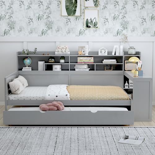 Corner Twin Bed Frame with Bookcase Storage and Desk, Wood Day Beds with 2 Drawers, Twin Size Daybed with Storage for Living Room