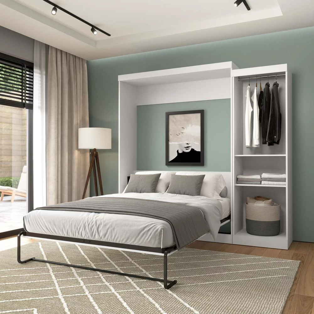 Bestar Nebula Engineered Wood Queen Murphy Bed with Closet Organizer in White