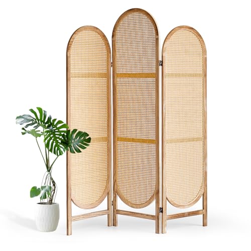 5.9 Ft Tall Hand-Woven Rattan Room Divider 3 Panels, Wood Room Divider Panel, Folding Screen Divider Wall, Wall Divider for Room Separation