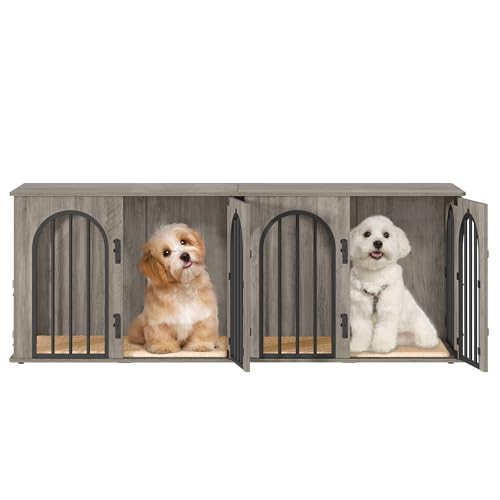 71" Dog Crate Furniture for 2 Dogs, Heavy Duty Indoor Dog Kennel TV Stand, XXL Wooden Dog Cage with Divider for Medium Large Dogs