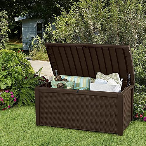 Keter Outdoor Storage Deck Box, for Patio, Backyard & Garden, Borneo, 110 Gallon, Brown - Lockable, Organizing, and Waterproof Plastic Container Bench