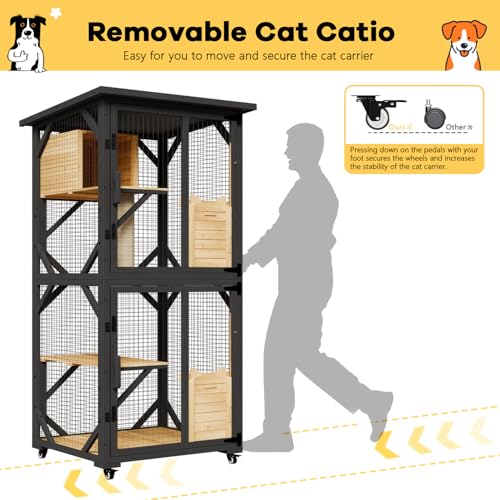 OFIKA Cat House Catio Outdoor Enclosure with Waterproof Roof,71'' cat House & Condos on Wheels for Outdoor Patio,Cat Window Box,Scratching Post（White）