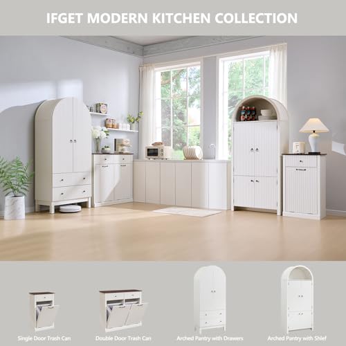 71" Tall Arched Kitchen Pantry, Modern Fluted Wood Storage Cabinet with Doors, 3 Adjustable Shelves, 6 Door Shelves, Organizer