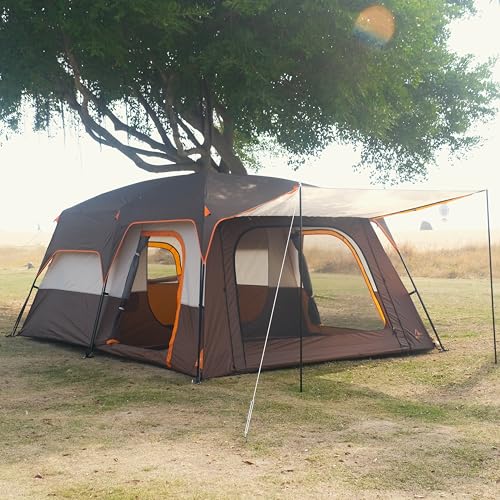 KTT Extra Large Tent 10-12-14 Person(Style-B),Family Cabin Tents,2 Rooms,3 Doors and 3 Windows with Mesh,Straight Wall,Waterproof,Double Layer