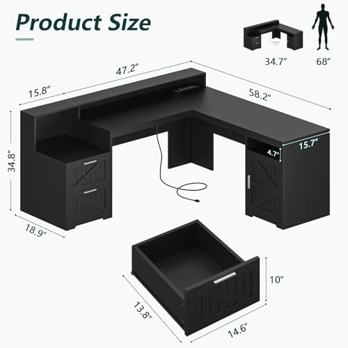 63" Farmhouse L Shaped Executive Desk with Drawers & Storage Shelf, Corner Computer Desk with Power Outlets, L Shaped Office Desk with Monitor Stand