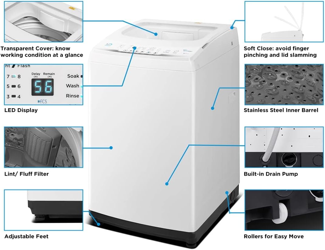 Smileader Portable Washing Machine, 2.0 Cu.Ft. Compact Washer with Fast Cleaning System, 8 Automatic Washing Programs, LED Display, for RV, Apartment