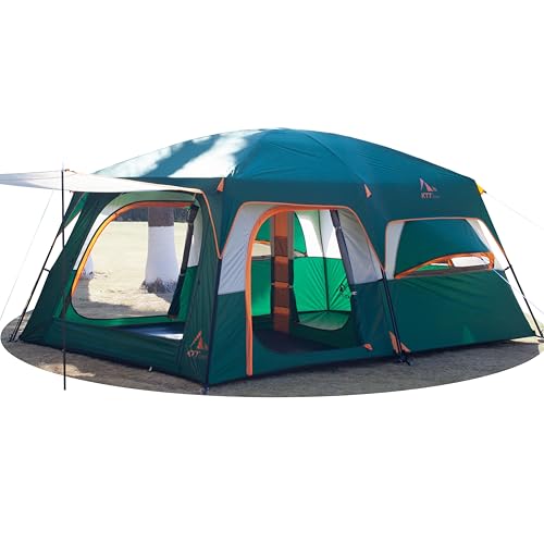 KTT Extra Large Tent 10-12-14 Person(B),Family Cabin Tents,2 Rooms,3 Doors and 3 Windows with Mesh,Straight Wall,Waterproof,Double Layer
