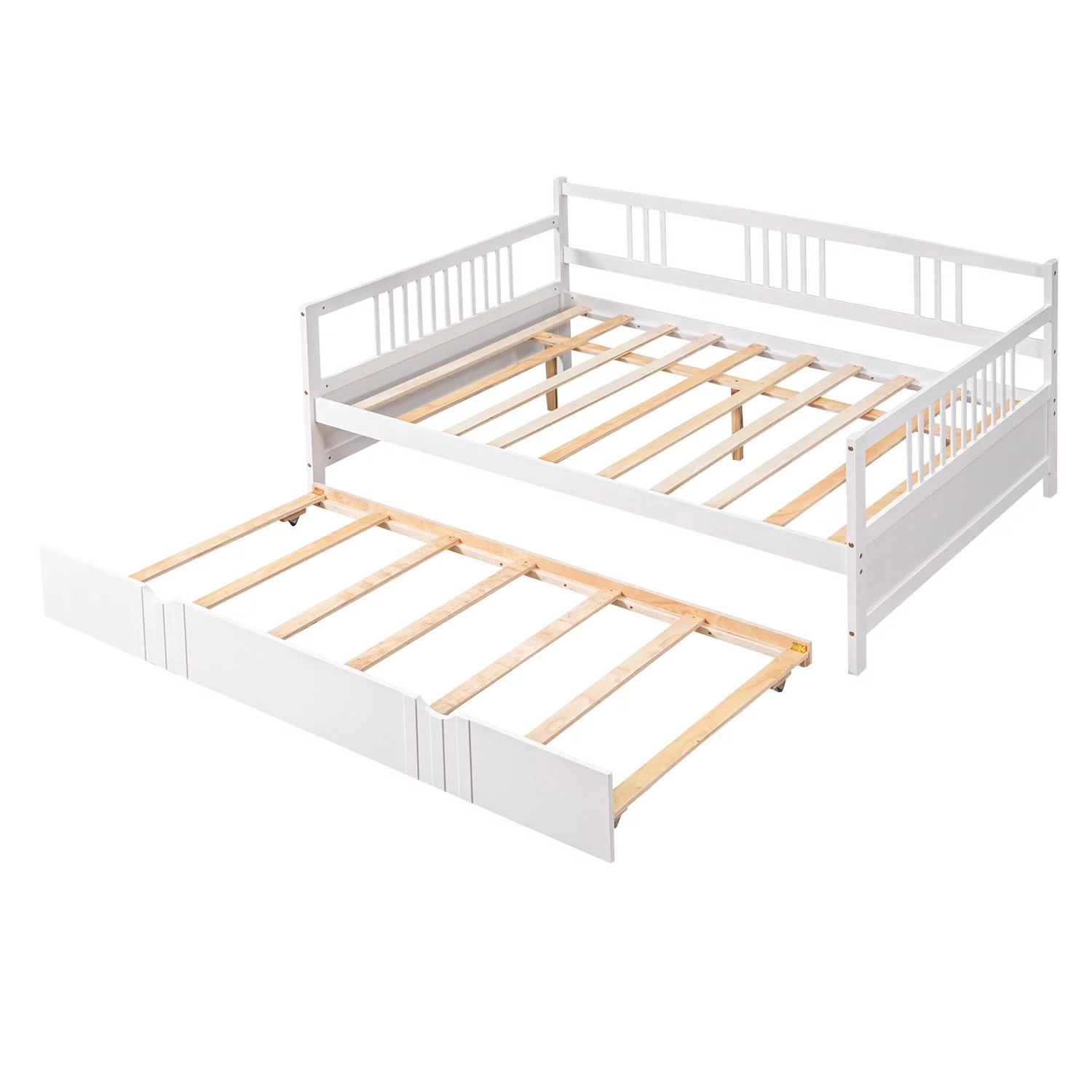Royard Oaktree Full Size Daybed with Twin Trundle Bed Wood Sofa Bed with Slats Support, White